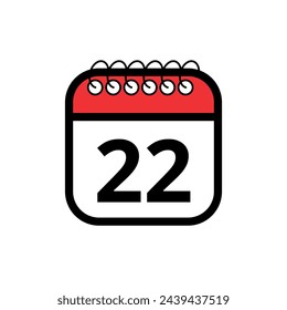 Flat vector icon of red calendar with specific day marked, day 22. Calendar icon for websites, blogs and graphic resources.
