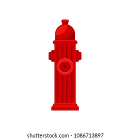 Flat vector icon of red fire hydrant. Metal water pipe with nozzles for hose. Firefighting theme