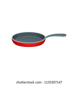 Flat vector icon of red metal frying pan with gray handle. Stainless container used for cooking food. Kitchenware theme