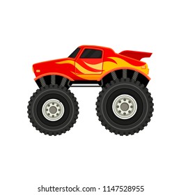 Flat vector icon of red monster truck with yellow-orange flame decal. Car with large tires, spoiler and black tinted windows