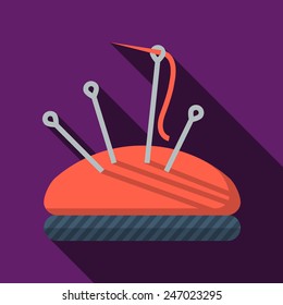 Flat vector icon for red sewing cushion with set of needles and pins on purple background. Long shadow design.