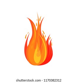 Flat vector icon of red-orange fire. Bright fiery flame. Burning campfire. Symbol of hot temperature and danger