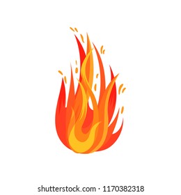 Flat vector icon of red-orange fire. Brightly blazing fire. Symbol of hot temperature. Cartoon element for poster or sticker