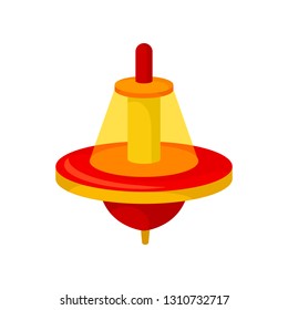 Flat vector icon of red-orange whirligig with plastic transparent dome. Humming top. Children spinning toy