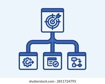 A flat vector icon representing business strategy, goal setting, and process management, featuring a central target icon branching into operational tasks.