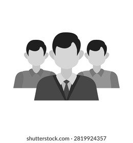 A flat vector icon representing a business leader in a tie with two team members standing behind him in a corporate organizational structure