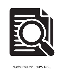 A flat vector icon representing a document being analyzed with a magnifying glass