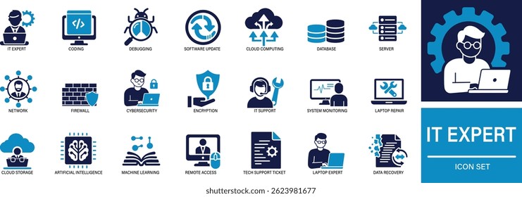 Ícone de vetor plano representando um especialista em TI ou um profissional de tecnologia com habilidades técnicas e de codificação