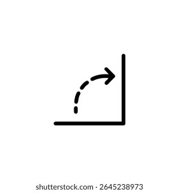 A flat vector icon representing a fillet operation with a dashed arc path and a solid arrow indicating rounding. Monoline style. Isolated on white.