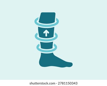 A flat vector icon representing a human leg with rings around the calf and an upward arrow, symbolizing circulation, swelling, or edema treatment.