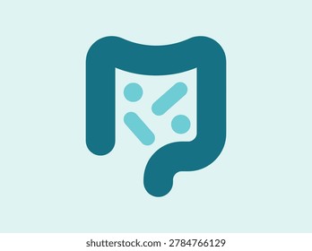 A flat vector icon representing the human colon or large intestine containing various probiotic bacteria, symbolizing gut health and digestive system.