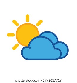 A flat vector icon representing partly cloudy weather featuring a yellow sun partially obscured by blue fluffy clouds against a plain background