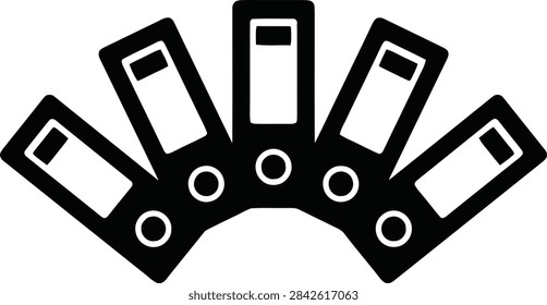 A flat vector icon representing a set of five office ring binders or folders arranged in a fan-like pattern, isolated on white background.