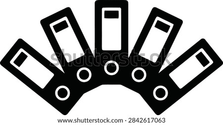A flat vector icon representing a set of five office ring binders or folders arranged in a fan-like pattern, isolated on white background.