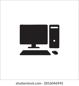 Flat vector icon representing standard desktop workstation including computer tower monitor keyboard and mouse isolated on white background useful for technology websites business software branding office equipment catalogs and digital computing related graphic design projects or modern tech visuals.