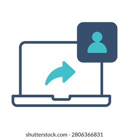 A flat vector icon representing a user profile being shared or referred via a laptop computer, ideal for social media and business marketing concepts.