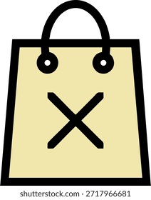 Icono de Vector plano de un bolso de compras al por menor con una marca X roja. Ideal para la gestión de pedidos de comercio electrónico, compras canceladas, artículos agotados y errores de interfaz de App de compras.