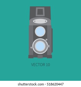 Flat vector icon with retro analog film cameras. Photography and art. Reflex 35mm photocamera. Cartoon style. Illustration, element for your design. Photographic lens. 
