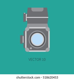 Flat vector icon with retro analog film cameras. Photography and art. Reflex 35mm photocamera. Cartoon style. Illustration, element for your design. Photographic lens.