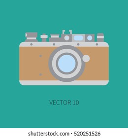 Flat vector icon with retro analog film cameras. Photography and art. Reflex 35mm photocamera. Cartoon style. Illustration and element for your design. Photographic lens. Simple. Color. Shoot. Flash.