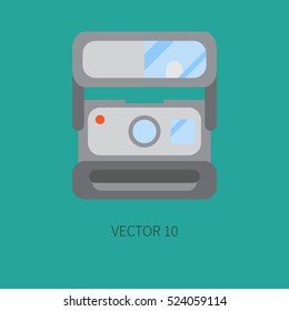 Flat vector icon with retro analog film cameras. Photography and art. Reflex 35mm photocamera. Cartoon style. Illustration and element for your design. Photographic lens. Simple. Color. Shoot. Flash.