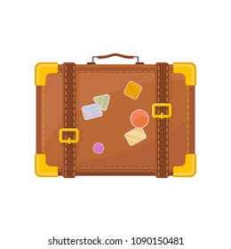 Flat vector icon of retro suitcase with stickers. Vintage travel bag with little handle, golden corners and belts. Luggage for adventure