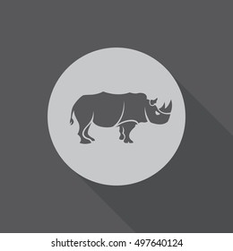 A flat vector icon of a rhino on a gray background with a long shadow.