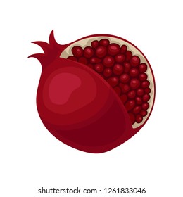 Flat vector icon of ripe pomegranate with cut. Sweet full of juicy seeds. Natural and healthy food