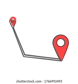A flat vector icon is a road. Route from point to point  cartoon style on white isolated background.