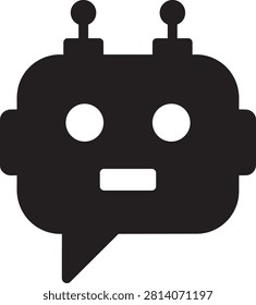 Flat vector icon of a robot head combined with a chat bubble shape for communication