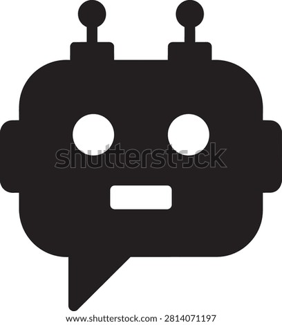 Flat vector icon of a robot head combined with a chat bubble shape for communication