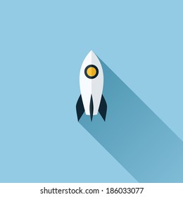 Flat Vector Icon Of Rocket On A Blue