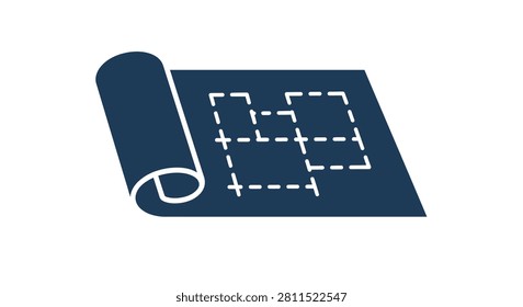 A flat vector icon of a rolled blueprint showing a simplified architectural floor plan layout