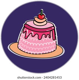 Flat vector icon of round cake with pink icing decorated with cherry and pineapple. Sweet confectionery product stock illustration