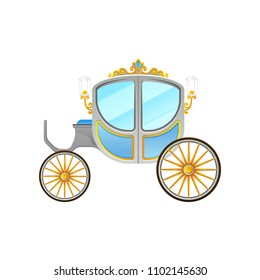 Flat vector icon of royal horse-drawn carriage with small cab. Vintage vehicle decorated with lanterns and golden ornaments