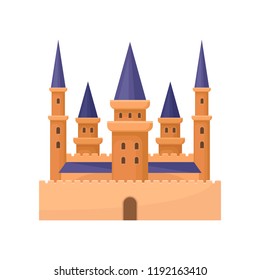 Flat vector icon of royal palace. Castle with high towers and purple conical roof. Element for mobile game or children book