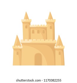 Flat vector icon of royal sand castle. Fortress with towers. Beach vacation. Element for children book or mobile game