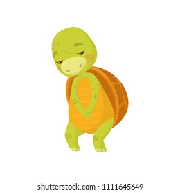 Flat vector icon of sad turtle. Green marine animal with brown shell. Cartoon reptile with upset muzzle