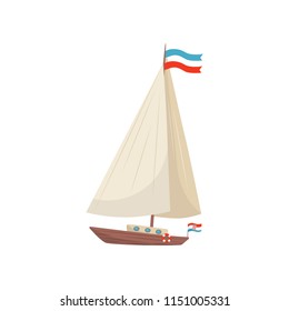 Flat vector icon of sailing yacht with flag of Croatia and lifebuoy. Marine vessel. Wooden boat with sail