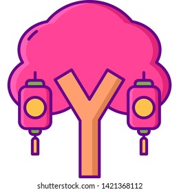Flat vector icon of sakura tree and lanterns, festival concept illustration