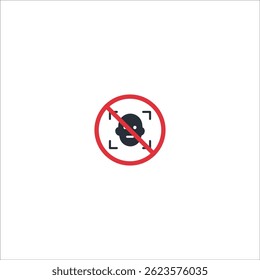 Flat vector icon of scanned face crossed out. Represents biometric recognition prohibition, privacy defense and alert against digital surveillance.