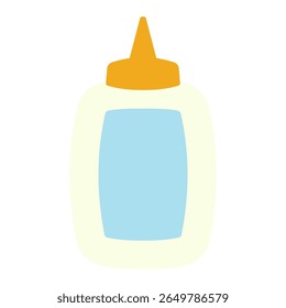 Ícone de vetor plano do frasco de cola da escola com tampa amarela e rótulo azul. Imagem de clipart isolada no plano de fundo.