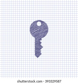 Flat vector icon. Scribble blue pen on a sheet of school notebook. Key.
