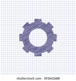 Flat vector icon. Scribble blue pen on a sheet of school notebook. Gear.