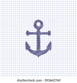 Flat vector icon. Scribble blue pen on a sheet of school notebook. Anchor.