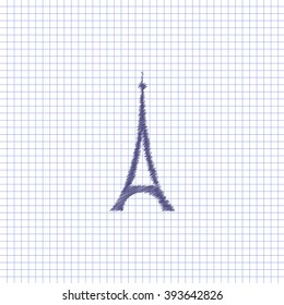 Flat vector icon. Scribble blue pen on a sheet of school notebook. Eiffel Tower.