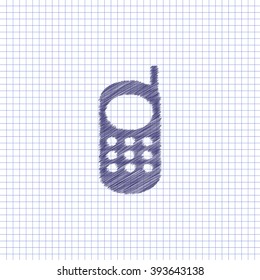 Flat vector icon. Scribble blue pen on a sheet of school notebook. Phone.