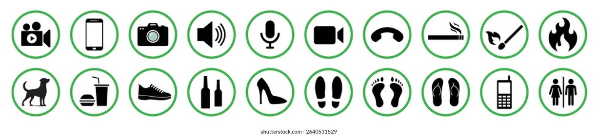 Flat vector icon set of 20 permitted actions with green circle borders. Allowed symbols for camera, mobile, fire, smoking, food, pets, sound, footwear, and communication. Isolated Vector illustration.
