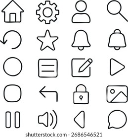 Flat vector icon set of 20 minimalist interface icons like home, settings, user, search, upload, download, clean outline style, black and white