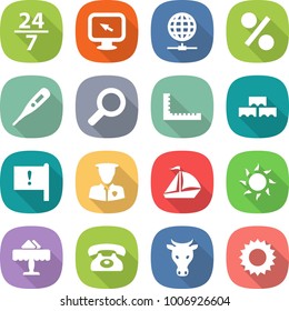 flat vector icon set - 24 7 vector, monitor arrow, globe connect, percent, medical thermometer, magnifier, ruler, block wall, important flag, security man, sail boat, sun, restaurant, phone, cow